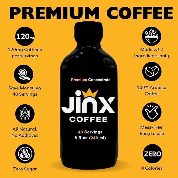 Jinx Coffee Concentrate – 50x Stronger Cold Brew Coffee | Strong Caffeine Concentrated Liquid Perfect for Instant Hot or Iced Coffees Cold Brew Concentrate Hot Drinks and Instant Espresso | 48 Ser