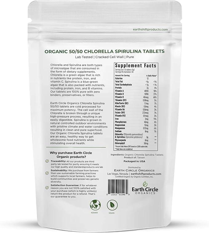 Premium Organic Chlorella / Spirulina Tablets 1000 Count (50/50) | Vegan Kosher Green Algae Superfood | Cracked Cell Wall for Maximum Absorption | High in Protein Iron Chlorophyll - Pack of 3