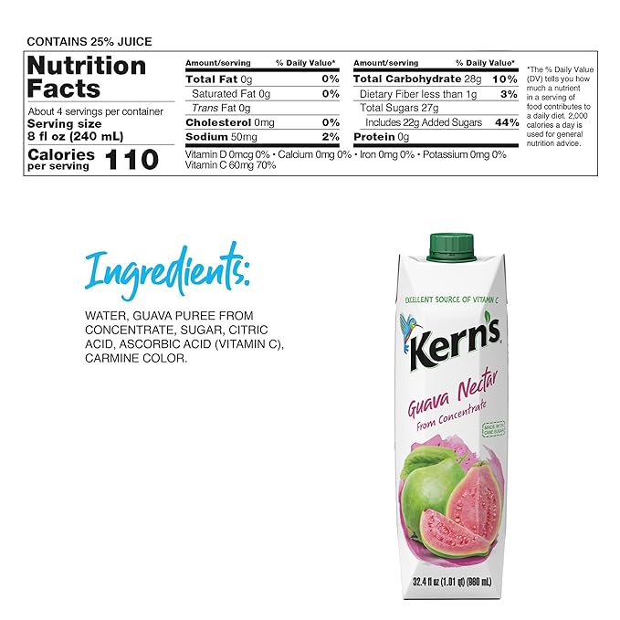 Kern’s Guava Juice Nectar - Guava Nectar Made with Fresh Fruit Puree - Tropical Fruit Juice Concentrate for Smoothie Mix Cocktail Mixers Kids Drinks &amp Mexican Beverages - 32.4oz 60 Pack Carton