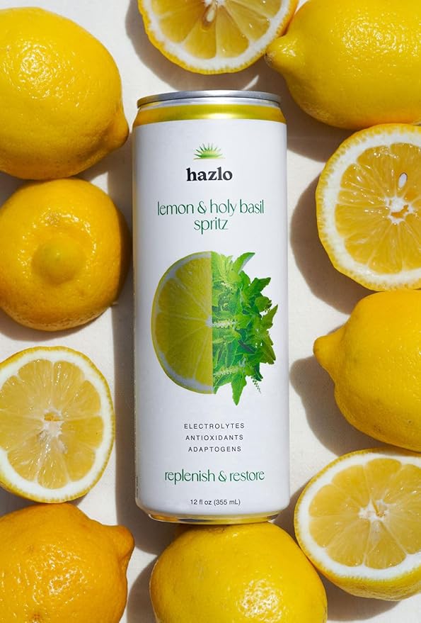 Hazlo Spritz (Lemon &amp Holy Basil) - Zero Proof Spritz Cocktail Mixer Craft Mocktails with Adaptogens Nootropics - Functional Seltzer Calming Non Alcoholic Drinks Alcohol Alternatives for Mood