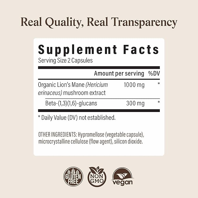 Real Mushrooms Lions Mane Mushroom Cognition (120 Capsules) Lions Mane Mushroom Powder Extract Capsules | Brain Supplement Brain Vitamins Focus Supplement