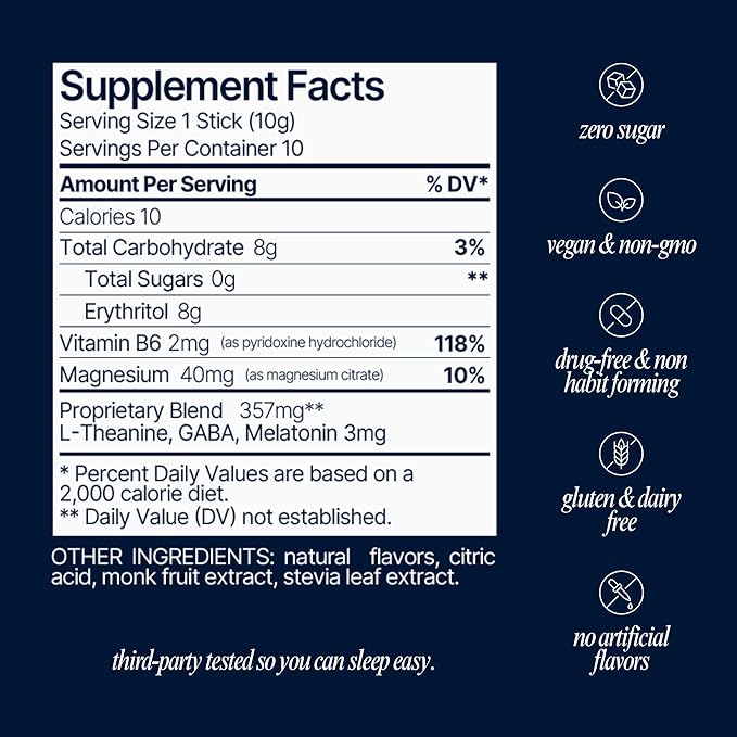 Som Sleep Calm Sleep Nighttime Powder Drink Mix Melatonin 3mg Magnesium Vitamin B6 L-Theanine &amp GABA – Vegan Zero Sugar – Berry 10-Pack