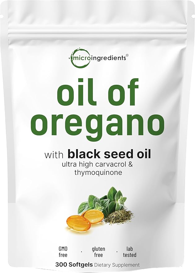 Micro Ingredients Oil of Oregano Softgels 300 Count | 2 in 1 Formulated with Black Seed Oil | 4X Strength Carvacrol &amp Thymoquinone | Plant Based Non-GMO