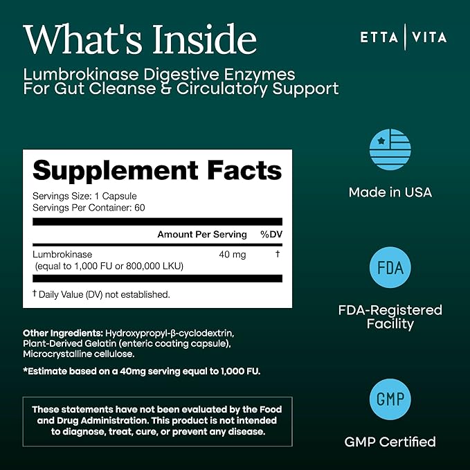 Potent Lumbrokinase Supplement 40mg/Serving (Max Activity - 800000 Units) - Lumbrokinase Enzymes Capsules for Energy Support Digestion Detox Cognition &amp Gut Health - Similar to Nattokinase