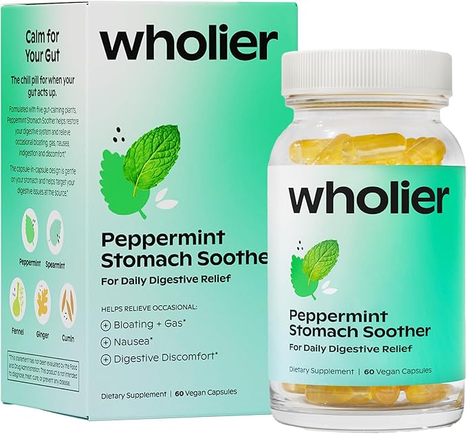 wholier Peppermint Oil Ginger Root Oil for Bloating Relief Nausea Relief Upset Stomach Relief + Gut Health. Daily Herbal Supplement. Peppermint Stomach Soother. (60 Vegan Capsules) Glass Bottle
