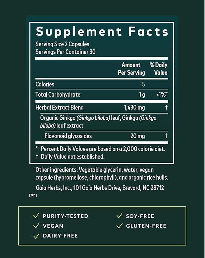 Gaia Herbs Ginkgo Leaf - Traditionally Used to Support Healthy Circulation &amp Brain Function* - Herbal Supplement - 60 Vegan Liquid Phyto-Caps (30 Servings)