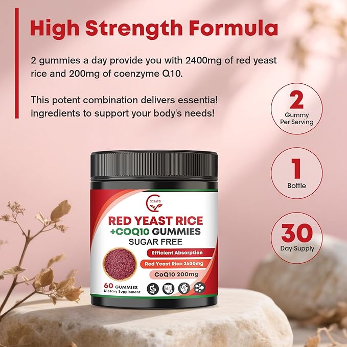 Red Yeast Rice with Coq10 Gummies Red Yeast Rice 2400 mg with CoQ10 200 mg for Cholesterol Lowering Supplements Sugar Free Non-GMO Vegan Heart Health Support – 60 Counts