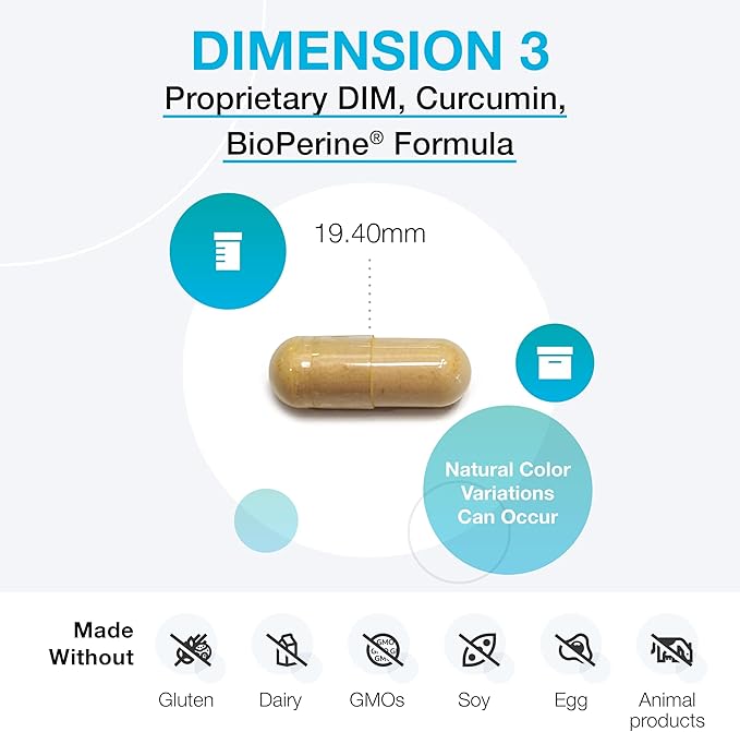 XYMOGEN Dimension 3 - Diindolylmethane DIM Supplement with Curcumin + BioPerine - Supports Healthy Estrogen Detox Hormonal Balance for Women and Men - Menopause Relief + PMS Support (120 Capsules)