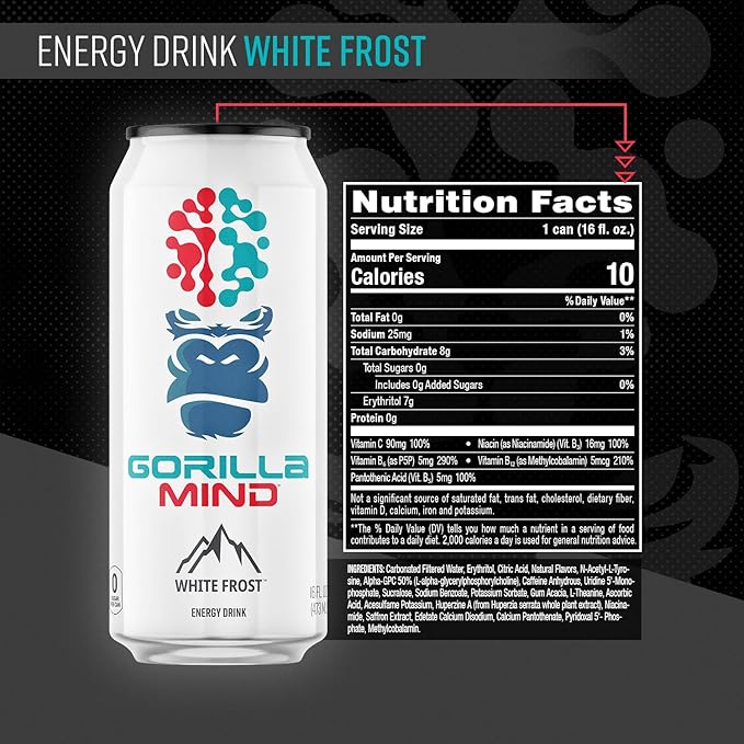 Gorilla Mind Energy Drink | Unmatched Energy · Amplified Focus | N-Acetyl-L-Tyrosine Alpha-GPC 200mg Caffeine Uridine Saffron | 0 Sugar Or Artificial Colors | 16oz 12-Pack (White Frost)