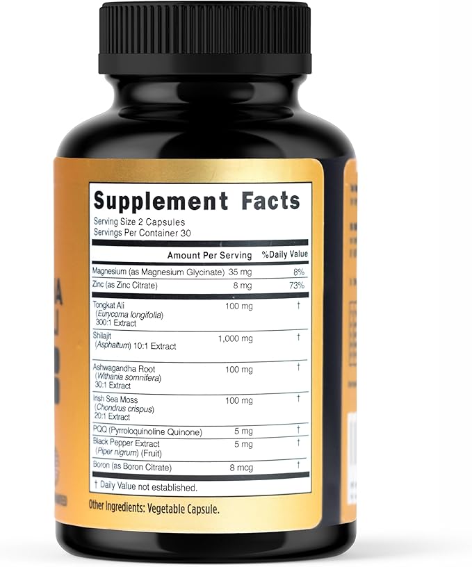 Shilajit 1000mg Irish Sea Moss 100mg Ashwagandha 100mg Tongkat Ali Boron Magnesium PQQ &amp More | 60 Capsules - 30 Days Supply| Fulvic Acid Veg Capsules| Vegan| Gluten Free | Non-GMO