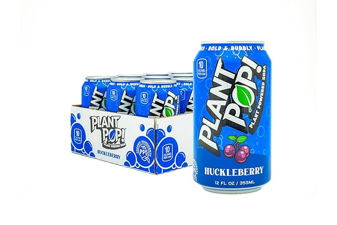 Plant Pop | Multifunctional Prebiotic Soda | Huckleberry | 10 Calories | Natural fruity flavors | Made with Organic Plant-Based Ingredients | Caffeine Free | 12oz (12 pk) cans