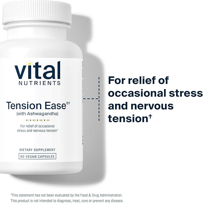 Vital Nutrients Tension Ease with Ashwagandha - Stress Relief Supplement for Relief of Occasional Stress and Nervous Tension - Gluten Dairy Soy Free - Non-GMO - 60 Capsules