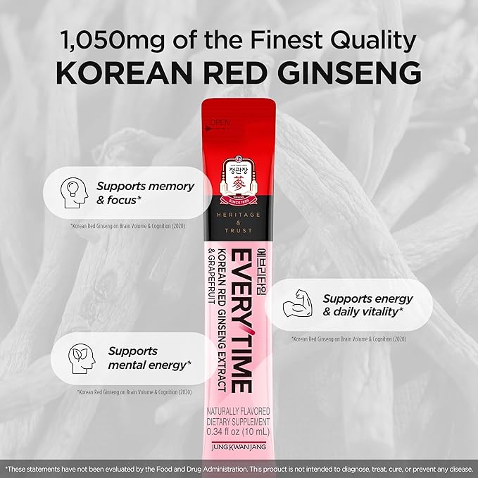 JUNG KWAN JANG Everytime Korean Red Ginseng Extract 1000mg &amp Grapefruit - Vegan Ginseng Root Energy Drink Liquid Stick Supplements - Builds Stamina &amp Immunity No Caffeine (10 Sticks 0.34 fl