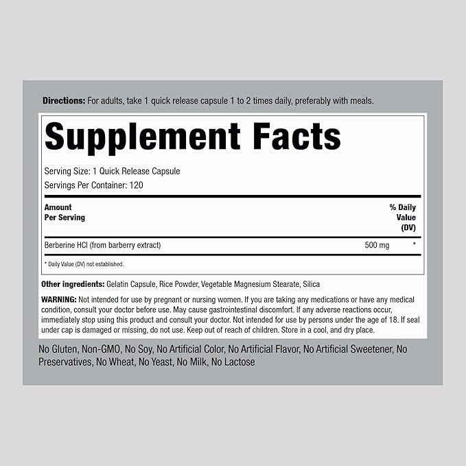 Piping Rock Berberine HCL Capsules 500mg | 120 Pills | Advanced Barberry Extract Supplement | Non-GMO Gluten Free