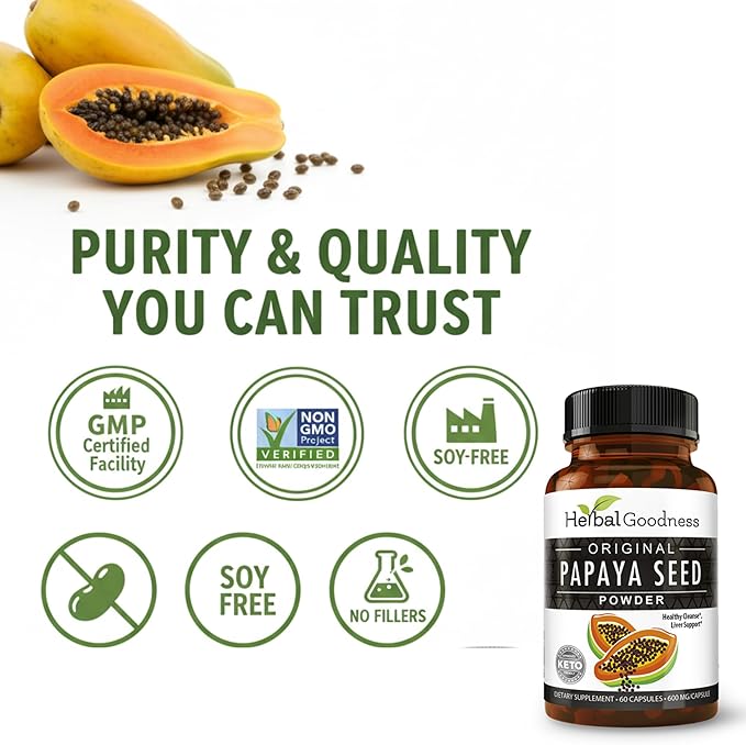 Herbal Goodness Papaya Seeds Powder Capsules - 600mg x 60 Pills Organic Papaya Digestive Enzymes (Papain) | Supports Gut Health Digestion &amp Colon Cleanse Broom 100% Natural Gluten Free Non-GM