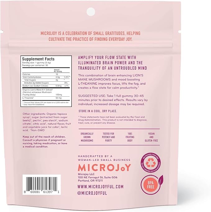 Microjoy Concentrate Gummies – Focus Memory Brain Health &amp Mood Support Supplement – Vegan Non-GMO Gluten-Free - Lemon Flavor (30 Servings)