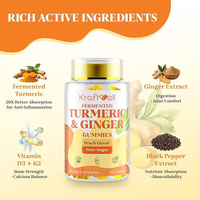 Turmeric and Ginger Gummies with Black Pepper Fermented Turmeric for Joint Comfort &amp Mobility Sugar-Free with Vitamin D3 + K2 Natural Peach Flavor – 150 Gummies