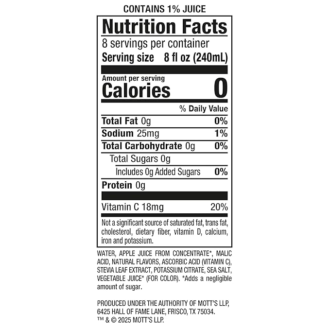 Mott's Zero Sugar Apple Juice Drink 64 fl oz Bottle (Pack of 8) Apple Flavor Excellent Source of Vitamin C