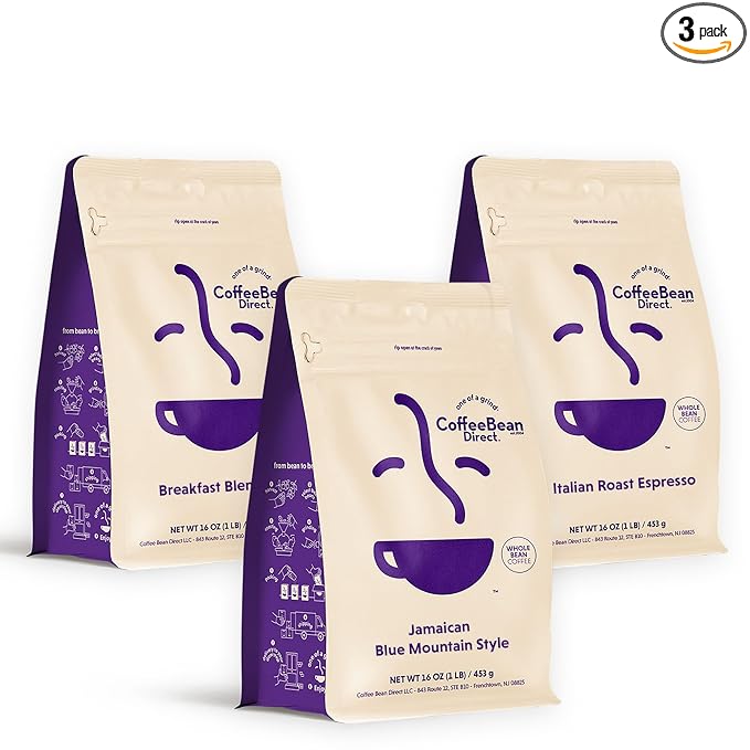 Coffee Bean Direct Signature Coffee Variety Bundle – Breakfast Blend Italian Espresso &amp Jamaican Blue Mountain Style Whole Bean 1 Pound Bags (Pack of 3)