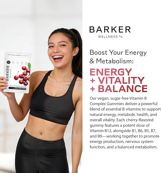 Barker Wellness Vegan B-Complex Gummies – Comprehensive Energy &amp Metabolism Boost with B1 B5 B6 B7 Biotin B9 Folate B12 | Sugar-Free Cherry Flavor for Daily Focus &amp Vitality