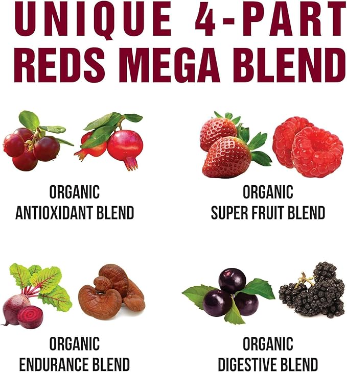 Peak Performance Organic Reds Superfood Powder Best Tasting Red Juice Super Food w/ 25+ All Natural Ingredients &amp Polyphenols Vital for Max Energy and Detox - Raspberry Elderberry Beetroot
