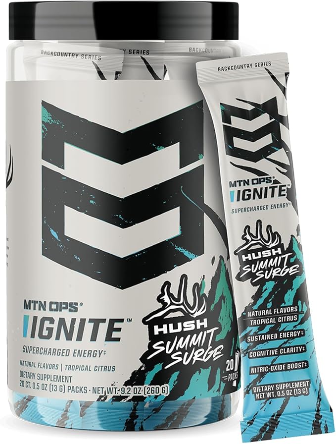 MTN OPS Ignite Sugar Free Energy Drink Powder Trail Packs with 200mg Caffeine Travel Pre Workout Packets for to-Go Energy Nootropic Blend L Arginine &amp L Citrulline 20 Servings Hush Summit Sur