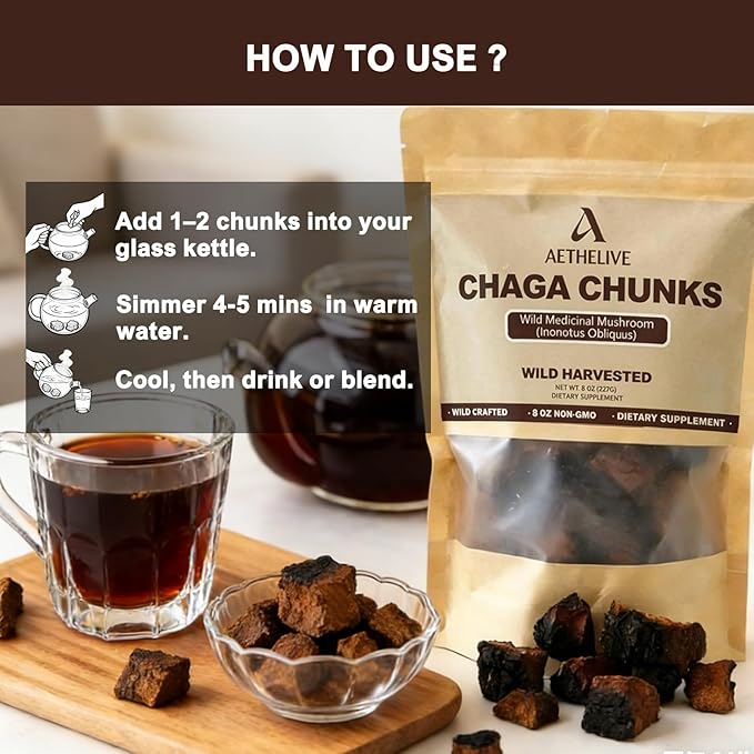 Chaga Mushroom Tea Chunks - 8 Ounce 100% Wild Harvested with Black Top Crust Premium &amp Clean Chaga Tea Chunks - Antioxidants Focus Healthy Drinks