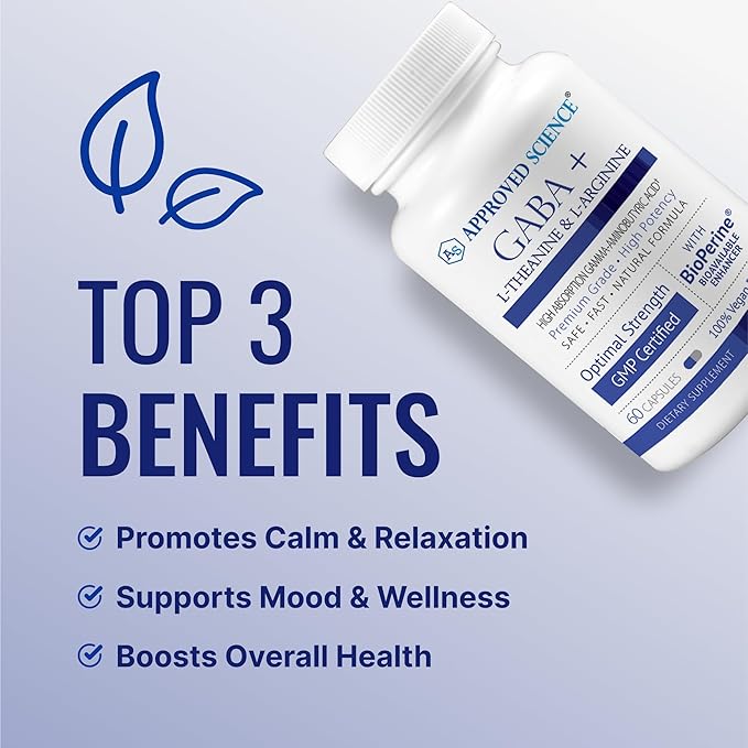 Approved Science GABA+ - Promote Calm Improve Sleep Boost Mood - GABA L-Theanine L-Arginine Vitamin B6 BioPerine - High Absorption - 180 Capsules - Vegan