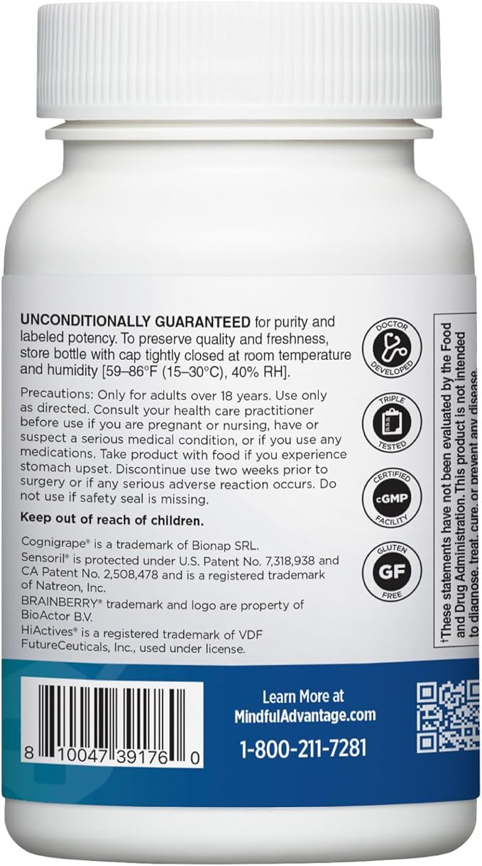 DOCTORS' PREFERRED Mindful Advantage Brain Supplements for Memory and Focus - Boost Memory Mental Sharpness Recall &amp Concentration - 30 Count