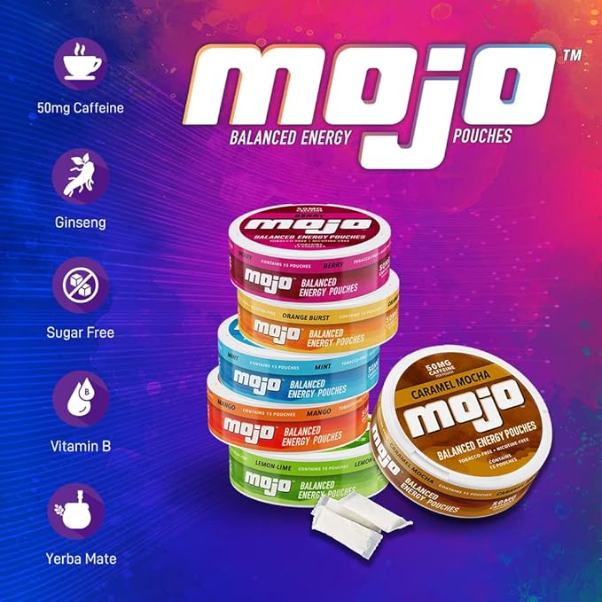 Mojo™ Balanced Energy Pouches | Healthier Energy Drink Alternative | Zero Sugar &amp Calorie-Free with Ginseng Yerba Mate B-Vitamins and Amino Acids | 15 Pouches Per Can | 5 Cans of Wintergreen