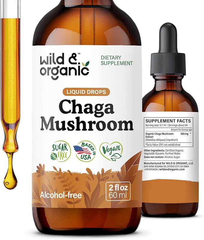 Wild &amp Organic Chaga Mushroom Tincture - Immune Support with Chaga Mushroom Extract Liquid - Immunity Drops Supplement - Vegan Sugar &amp Alcohol-Free - 2 fl oz