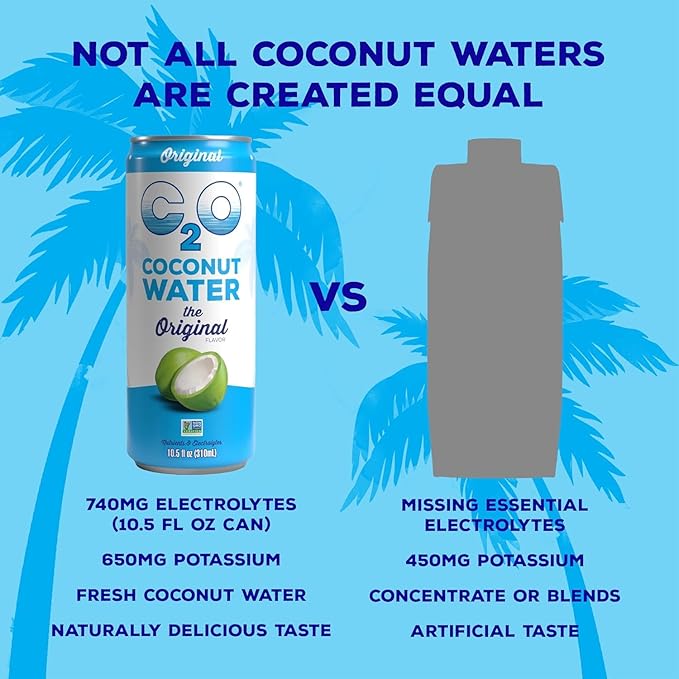 C2O - Coconut Water The Original Flavor (15 Pack) - Made with Fresh Coconut Water - Plant Based - Non GMO - Canned Water - Natural Hydration Electrolytes &amp Potassium - 15 Cans 10.5 FL OZ
