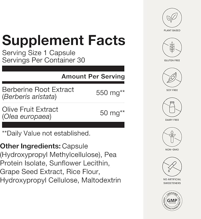 Humann SuperBerine Berberine Supplements Healthy Metabolism &amp Blood Sugar Support - Clinically Researched Ingredient - High Absorbency Concentrated Dose Formula with Olive Leaf Extract - 30 Caps