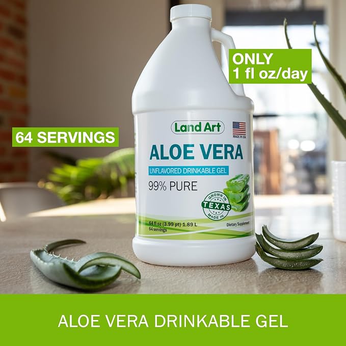Land Art - Organic Aloe Vera Drinkable Gel for Heartburn &amp Acid Reflux Relief - 99.7% Pure - Cold-Processed - Improves Digestive Health - Soothing and Natural - Vegan &amp Gluten-Free - 64 fl oz
