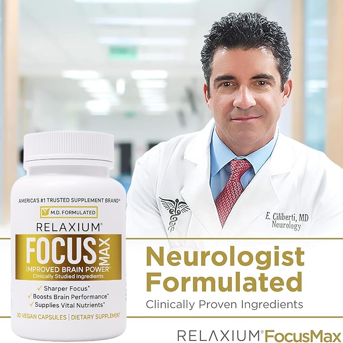 Relaxium FocusMax Brain &amp Focus Health Supplement Mental Clarity Support Proven Concentration Focus Memory &amp Nootropics Booster USA-Manufactured 30 Vegan Capsules