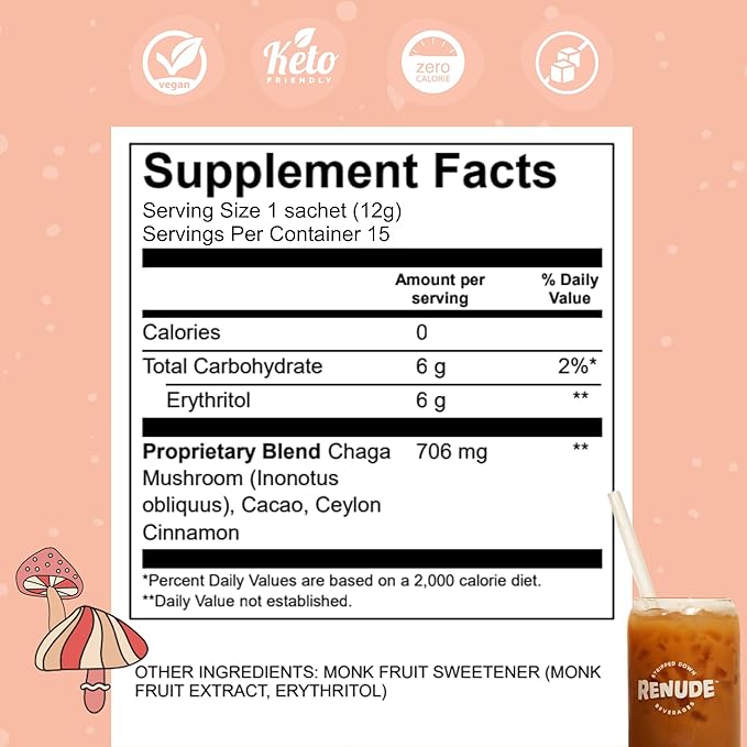 Renude Chagaccino - Chaga Mushroom Powder Mushroom Coffee Drink Mix with Adaptogens Natural Energy and Immune Support Vegan Keto Zero Calorie Mushroom Blend Powder - 15 Servings