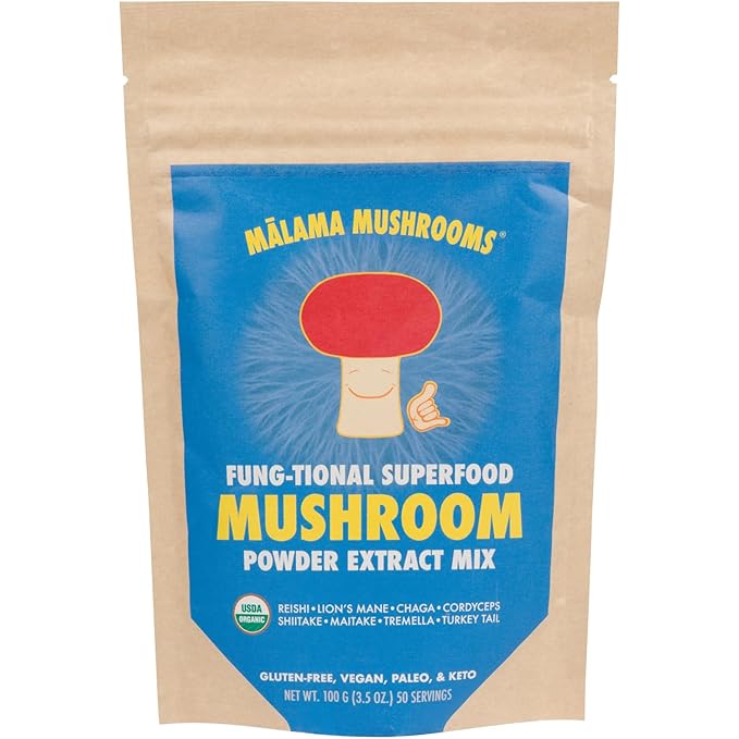 8-Mushroom Extract Powder by Malama Organic Body Mushroom Blend Featuring Lion's Mane Reishi Cordyceps Chaga Turkey Tail Superfood Adaptogenic