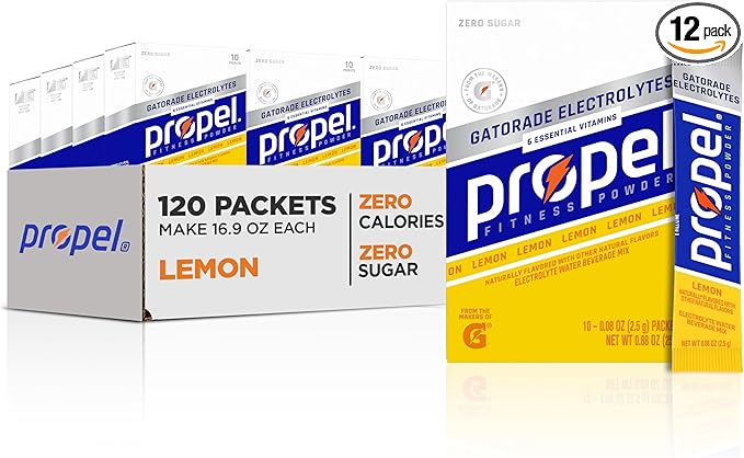 Propel Electrolyte Enhanced Water Drink Mix Powder Packets Lemon Zero Calorie &amp 0 Sugar Hydration with Electrolytes and Vitamins C &amp E (120 Packets)