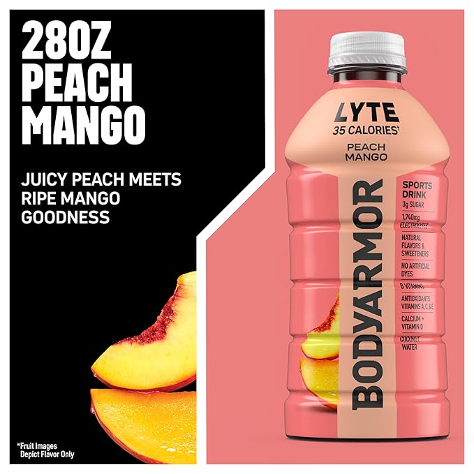 BODYARMOR LYTE Peach Mango Electrolyte Drink 35 Calories 28 Fl Oz Bottles (15 Pack) Coconut Water Sports Drink Natural Flavor &amp B Vitamins