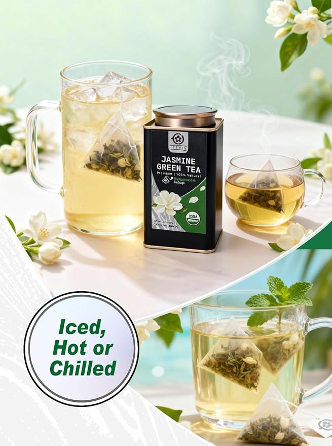 TETWIN Jasmine Green Tea Bags 40ct Resealable Tin – Organic Loose Leaf Tea Scented with Fresh Jasmine Flowers USDA Organic Full Leave Teabags Light Caffeine Naturally Aromatic