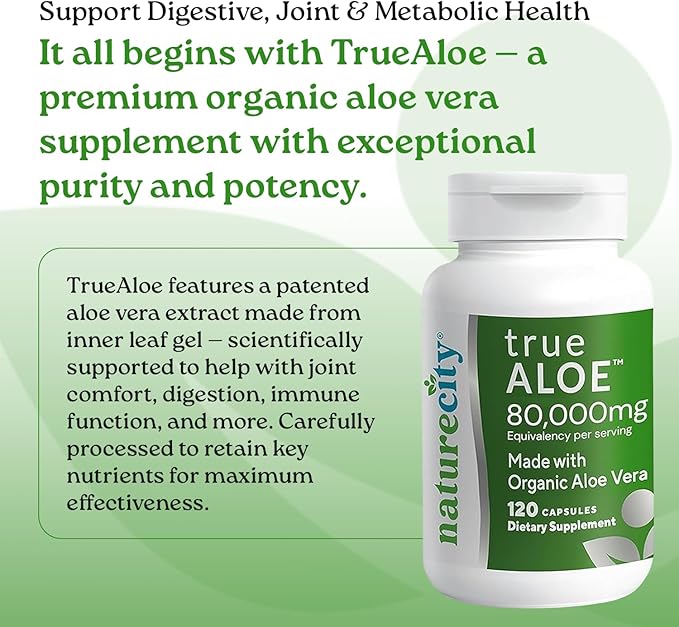 NatureCity True-Aloe Per Serving– Made with Organic Aloe Vera (360 Capsules) Digestive Skin and Joint Support|Small Easy-to-Swallow Pills