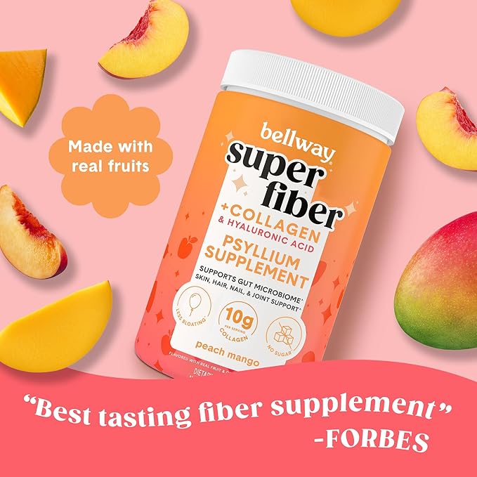 Bellway Super Fiber Powder + Collagen Sugar-Free Psyllium Husk Powder with Collagen Peptides and Hyaluronic Acid for Digestive Health Healthy Skin Nails Bones &amp Joints Peach Mango (20 Serving