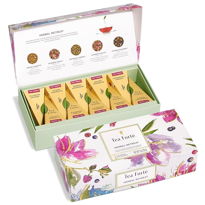 Tea Forte Premium Petite Presentation Box Gift Set Sampler 10 Count 2 of Each Blend Individually Wrapped Handcrafted Pyramid Infuser Bags Herbal Retreat