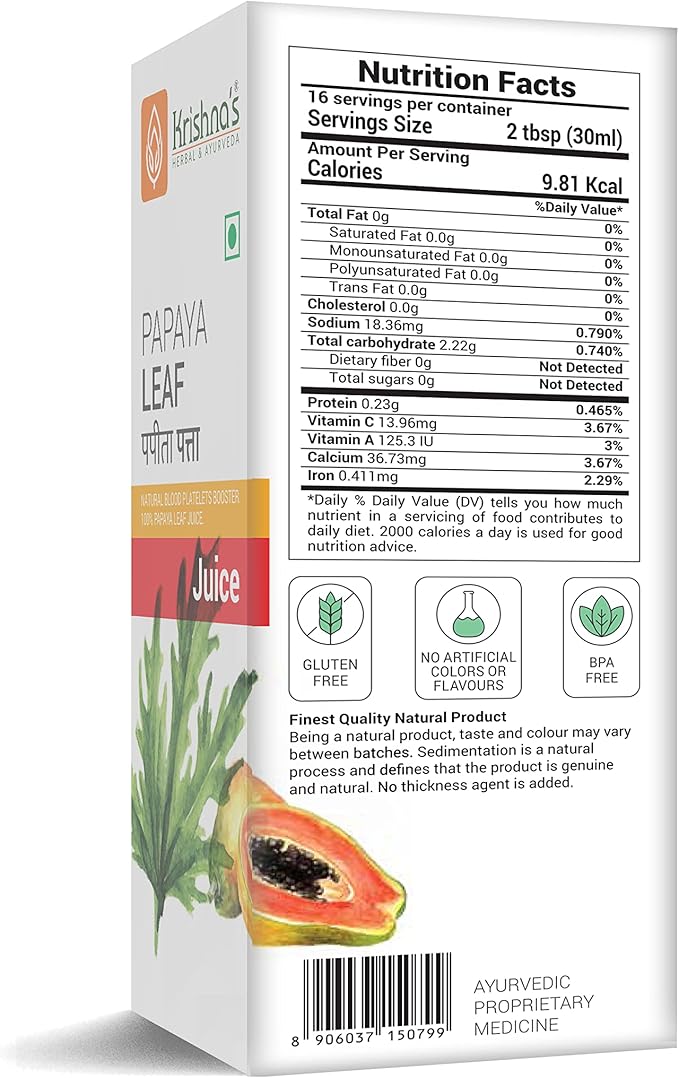 KRISHNA'S HERBAL &amp AYURVEDA Papaya Leaf Juice - Fresh Papaya Leaves Helps to Boost platelets Count 500 ml (Pack of 2)