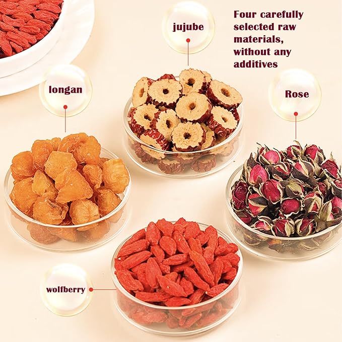 Lingyunxi Rose Longan Red Date Wolfberry Tea 2packs/60Bags Women Five Treasures Wubao Rose Tea Jujube Dried Longan Goji Berry 桂圆红枣枸杞茶 玫瑰红枣枸杞茶 300g/10.6oz