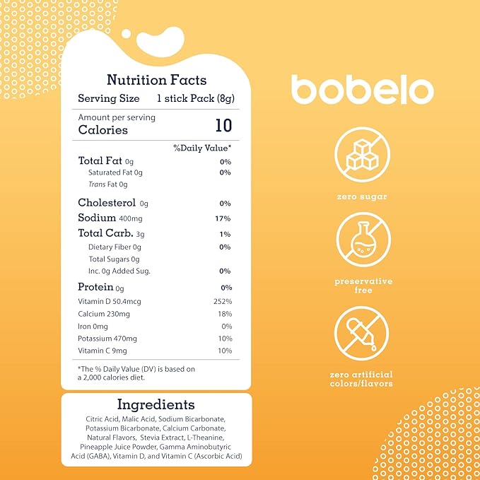 Bobelo Self Carbonating Hydration Packets | Low Calorie Drink Mix Electrolytes Powder Packets | Keto Friendly Sugar Free | Soda &amp Sparkling Water Alternative | Pineapple Coconut 30ct