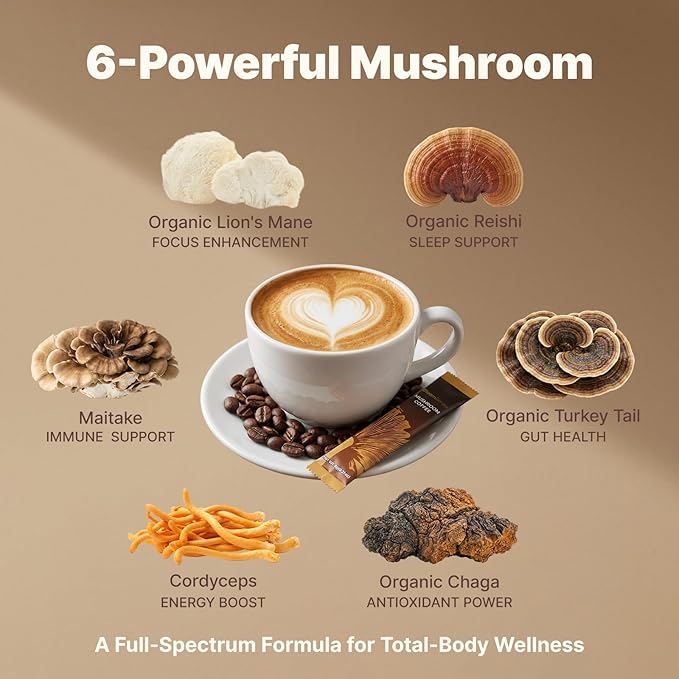 Mushroom Coffee Instant Coffee with Adaptogenic Mushrooms Organic Lion's Mane &amp Reishi Maitake Chaga MCT oil for Energy Focus Digestive &amp Immune Support 30 Servings