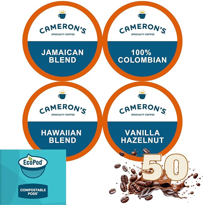 50-count single-cup coffee pack sampler for Keurig K-Cup Brewers Variety of Cameron's flavors Jamaican Blend Hawaiian 100% Colombian and Vanilla Hazelnut Packaged by Brightest Place Compatible with