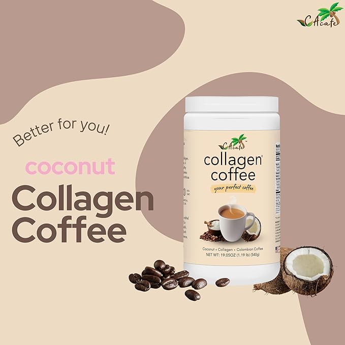 CAcafe Collagen Coffee | Coconut Infused Colombian Blend Coffee with Anti-Aging Collagen | Antioxidants &amp Natural Energy | 19.05oz