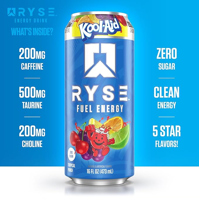 RYSE Fuel Energy Drink - Kool-Aid Tropical Punch - Sugar Free Gluten Free &amp Vegan - 200mg Natural Caffeine Taurine &amp Choline for Focus &amp Energy - No Artificial Colors - 16 fl oz Cans (12